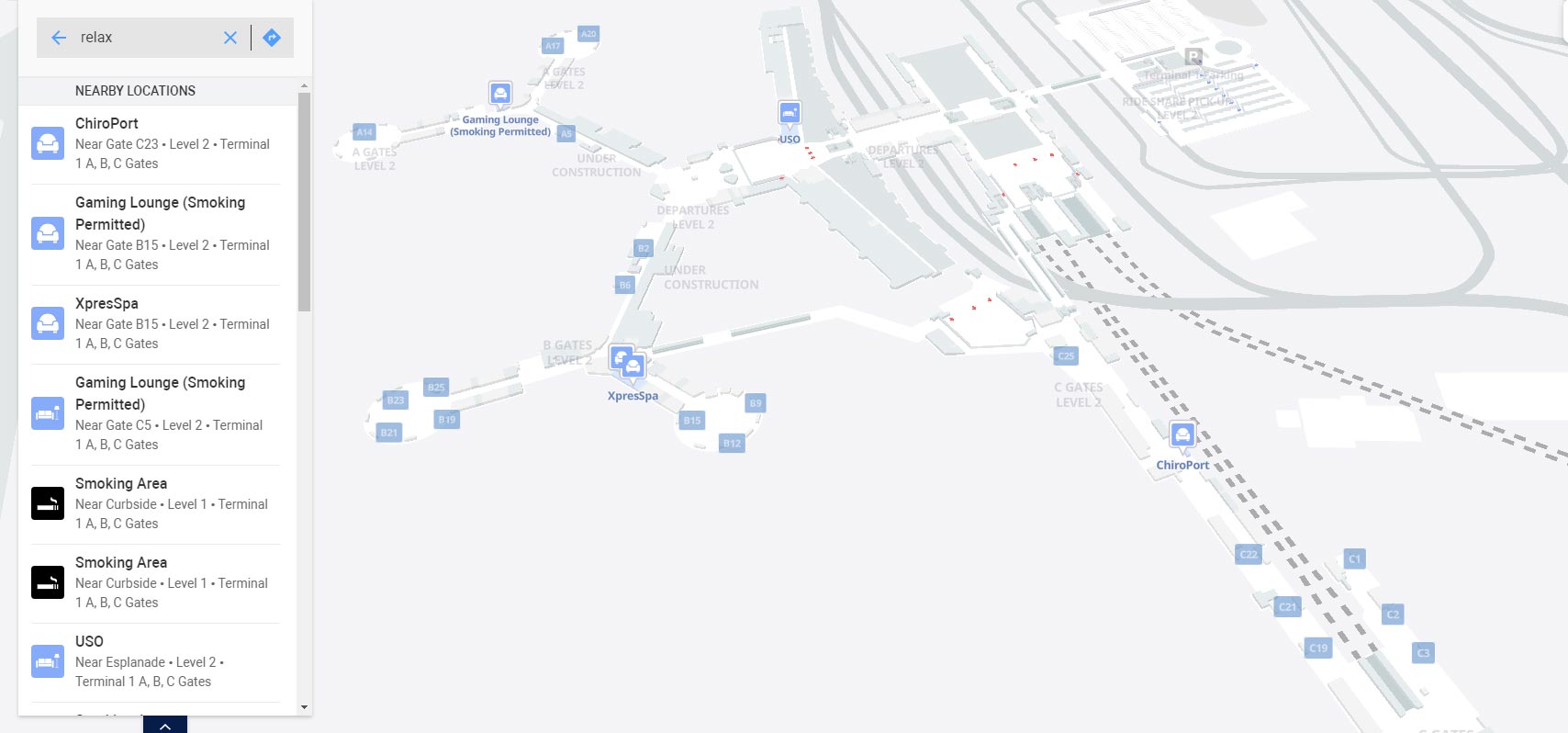 Services and lounges on Las Vegas airport terminal 1 map